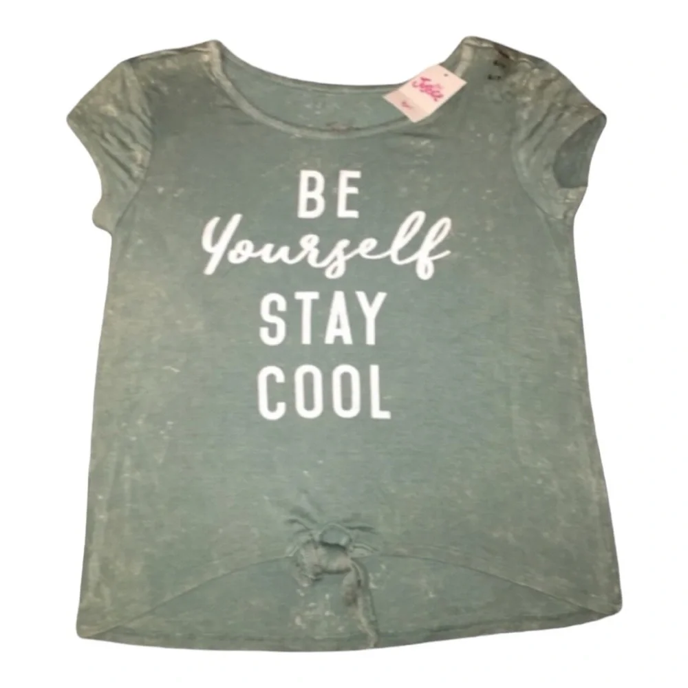 Justice Burnout Positive Tee Olive Tie Front Short Sleeve Crew Neck Shirt 6/7